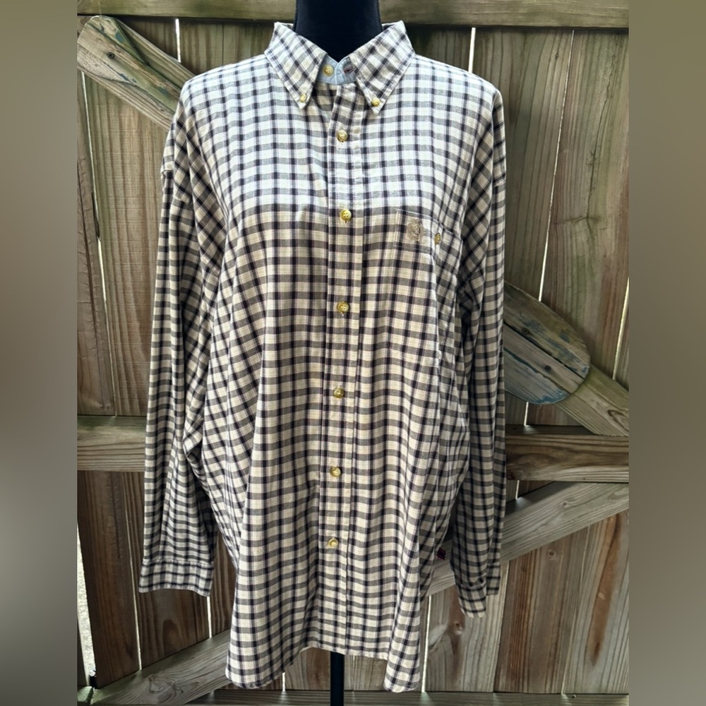 Pure Cotton Tan & Black Checked Long Sleeve Button Down Shirt Size XL
